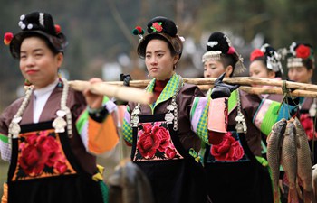 Married Miao women go back to parents' home with New Year gifts